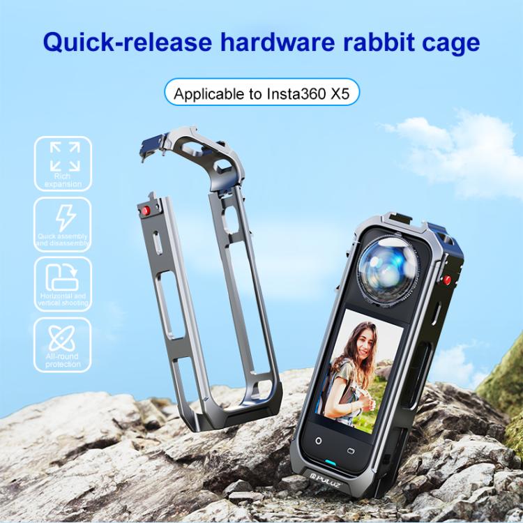 For Insta360 X5 PULUZ Aluminum Alloy Protective Cage Rig Expand Cold Shoe Housing Frame (Grey)