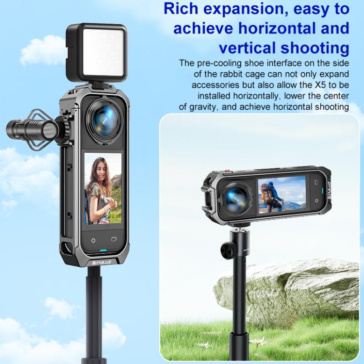 For Insta360 X5 PULUZ Aluminum Alloy Protective Cage Rig Expand Cold Shoe Housing Frame (Grey)