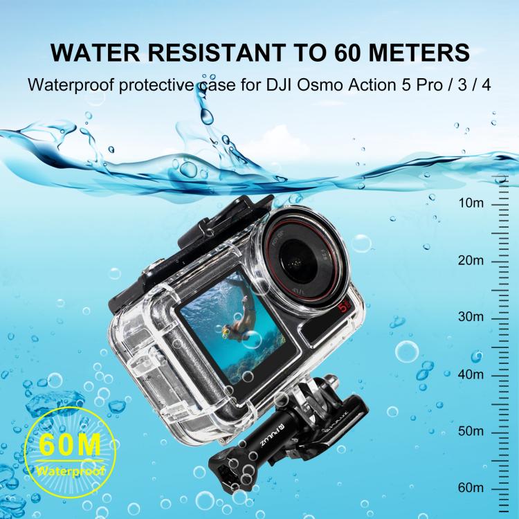 For DJI Osmo Action 5 Pro / 3 / 4 PULUZ 60m Underwater Water-resistant Housing Diving Case with Cold Shoe & Buckle Basic Mount & Screw