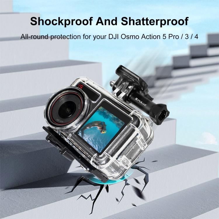 For DJI Osmo Action 5 Pro / 3 / 4 PULUZ 60m Underwater Water-resistant Housing Diving Case with Cold Shoe & Buckle Basic Mount & Screw