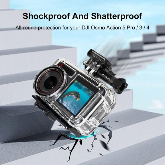 For DJI Osmo Action 5 Pro / 3 / 4 PULUZ 60m Underwater Water-resistant Housing Diving Case with Cold Shoe & Buckle Basic Mount & Screw