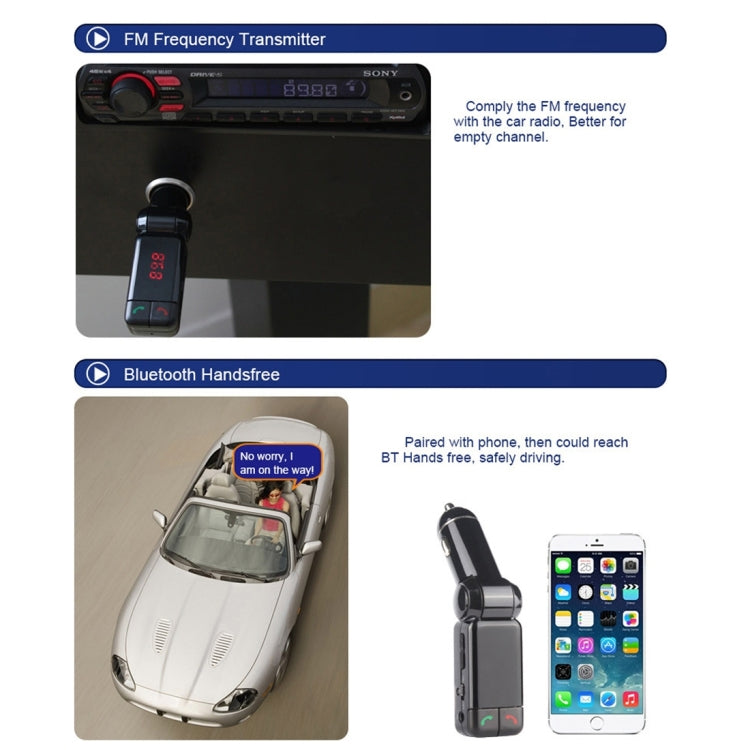 BC-06 Bluetooth Car Kit FM Transmitter Car MP3 Player with LED Display 2 USB Charger & Handsfree Function(Black)