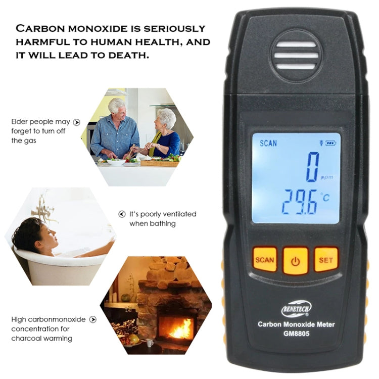 BENETECH GM8805 LCD Display Handheld Carbon Monoxide CO Monitor Detector Meter Tester, Measure Range: 0-1000ppm(Black)