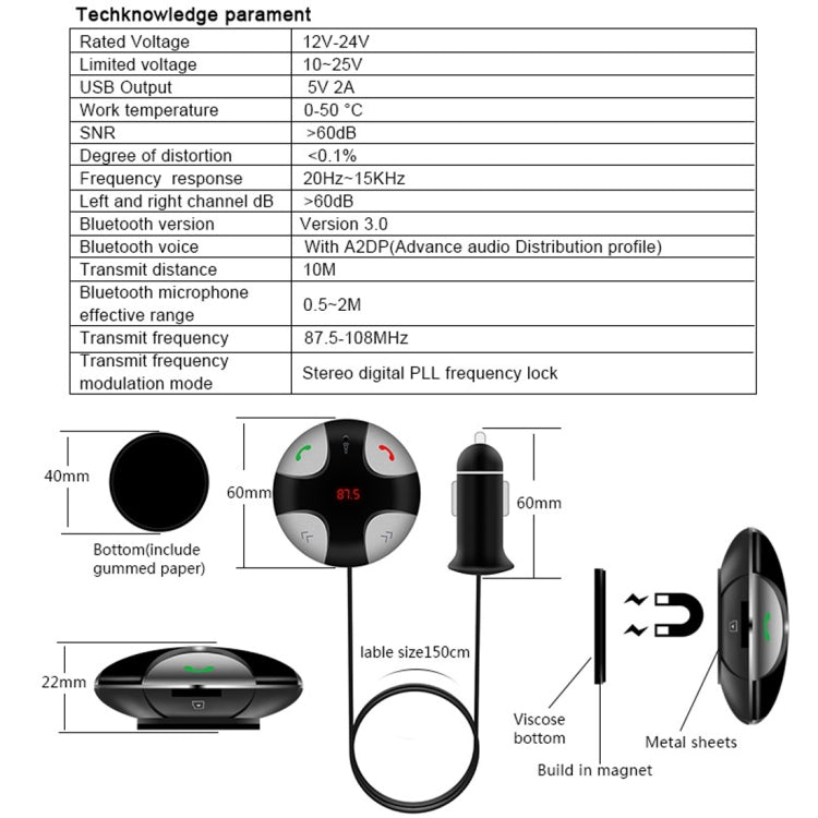 FM29B Bluetooth FM Transmitter Hands-free Car Kit, Car Charger, For iPhone, Galaxy, Sony, Lenovo, HTC, Huawei, and other Smartphones