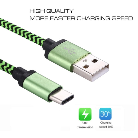 1m Woven Style USB-C / Type-C 3.1 to USB 2.0 Data Sync Charge Cable(Green)
