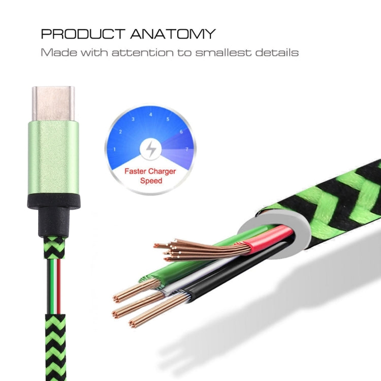 1m Woven Style USB-C / Type-C 3.1 to USB 2.0 Data Sync Charge Cable(Green)