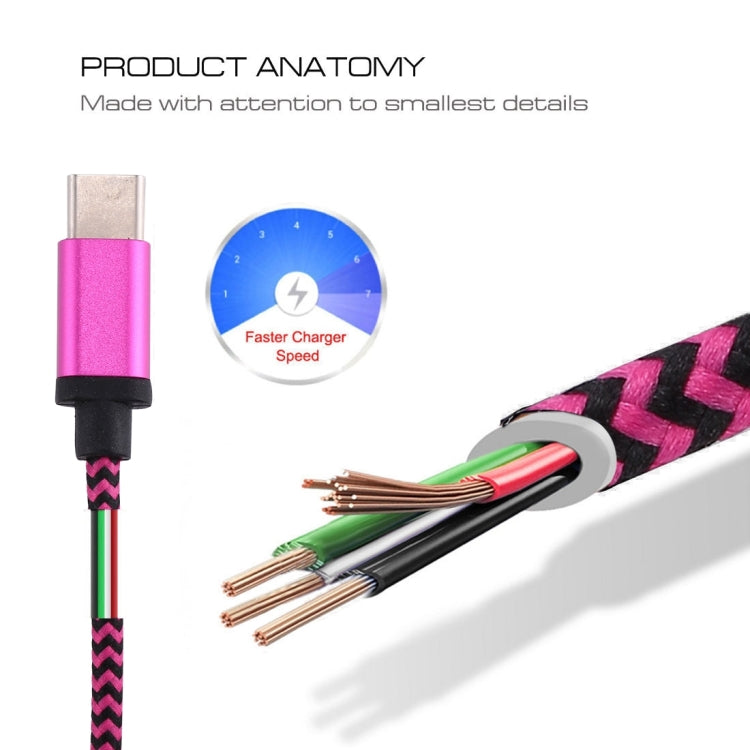 1m Woven Style USB-C / Type-C 3.1 to USB 2.0 Data Sync Charge Cable(Magenta)