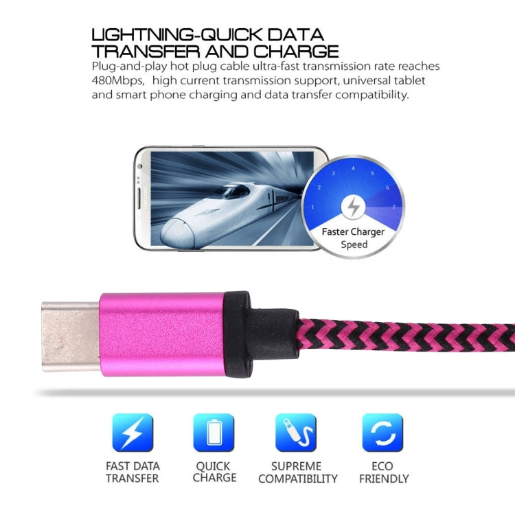 1m Woven Style USB-C / Type-C 3.1 to USB 2.0 Data Sync Charge Cable(Magenta)