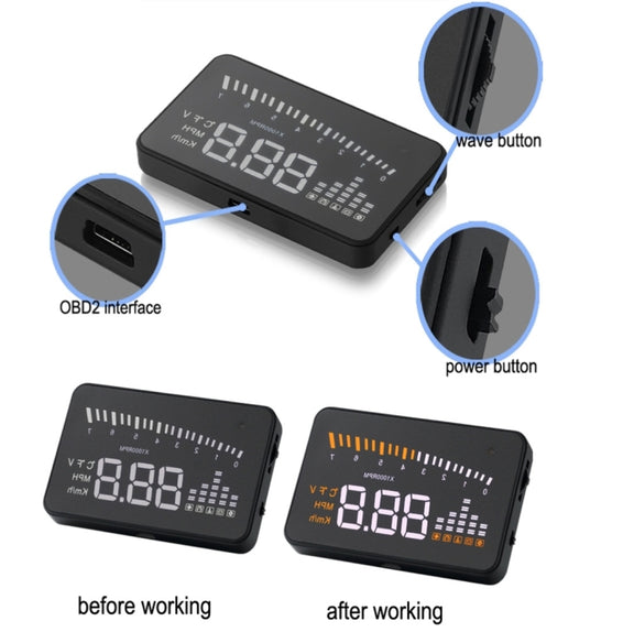 X5 HUD 3 inch Universal Multi Car Head Up Display with OBDII EOBD System, Light Sensors, Rotation Speed, Rotation Speed Unit, Unit Mark, Voltage, Water Temperature, Alarm mark(Black)