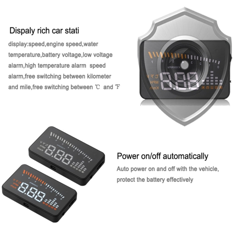 X5 HUD 3 inch Universal Multi Car Head Up Display with OBDII EOBD System, Light Sensors, Rotation Speed, Rotation Speed Unit, Unit Mark, Voltage, Water Temperature, Alarm mark(Black)
