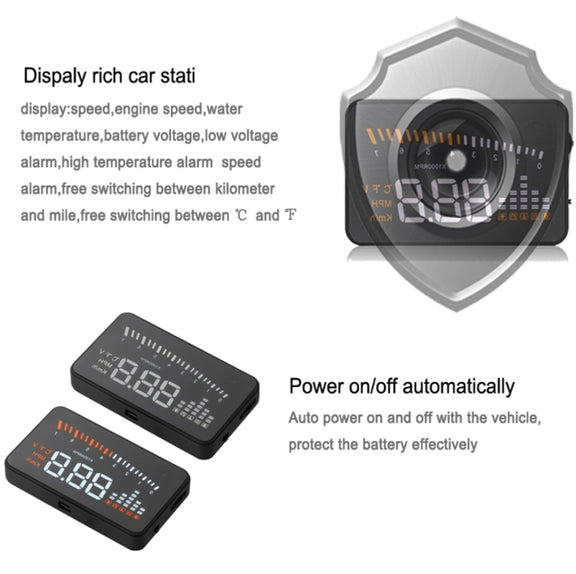 X5 HUD 3 inch Universal Multi Car Head Up Display with OBDII EOBD System, Light Sensors, Rotation Speed, Rotation Speed Unit, Unit Mark, Voltage, Water Temperature, Alarm mark(Black)