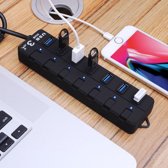 7 Ports USB 3.0 Hub with Individual Switches for each Data Transfer Ports(Black)