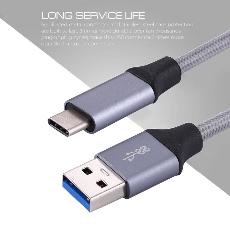 1m Wires Woven Metal Head USB-C / Type-C 3.1 to USB 3.0 Data / Charger Cable(Grey)