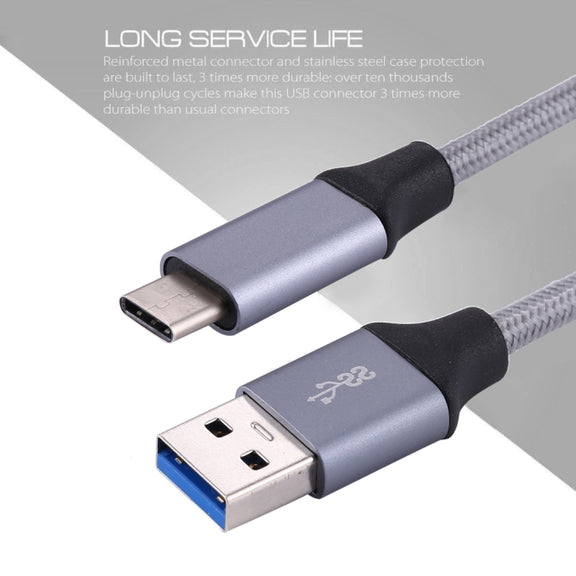 1m Wires Woven Metal Head USB-C / Type-C 3.1 to USB 3.0 Data / Charger Cable(Grey)