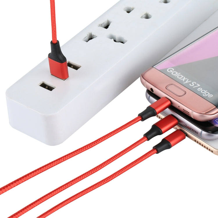 2A 1.2m 3 in 1 USB to 8 Pin & USB-C / Type-C & Micro USB Nylon Weave Charging Cable(Red)