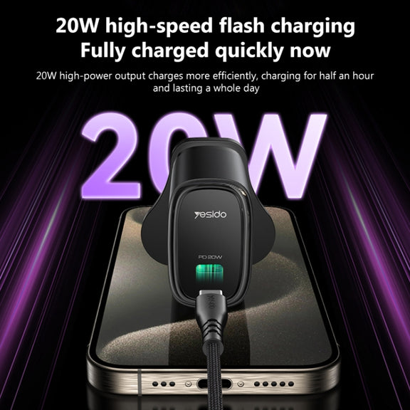 Yesido YC76BL PD 20W USB-C / Type-C Port Quick Charger with Type-C to 8 Pin Cable, UK Plug (Black)