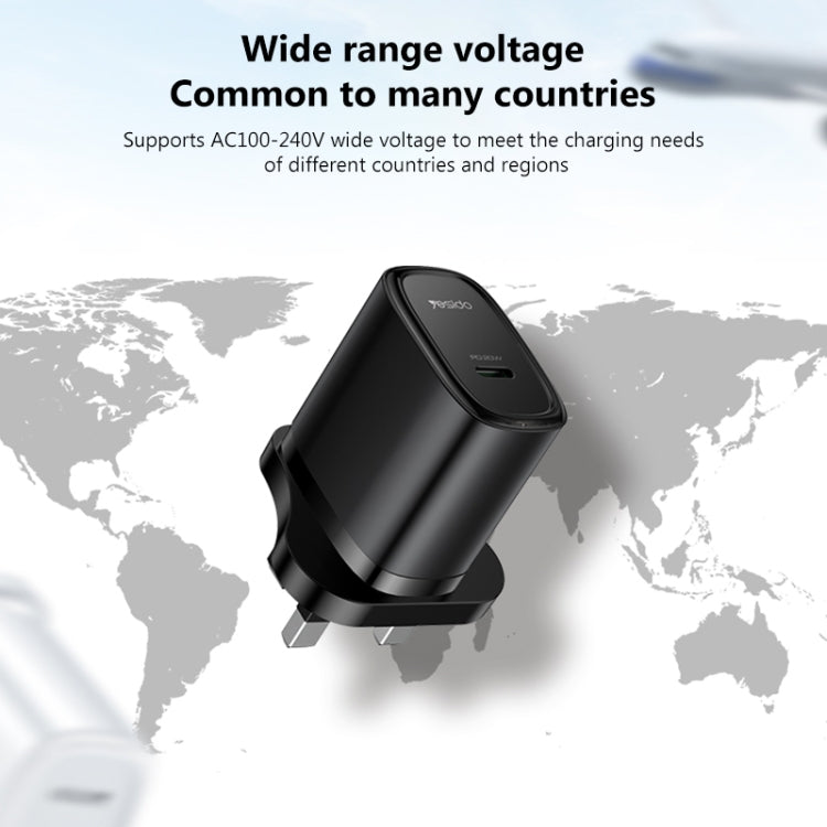 Yesido YC76BL PD 20W USB-C / Type-C Port Quick Charger with Type-C to 8 Pin Cable, UK Plug (Black)