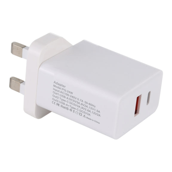 24W PD + QC3.0 Fast Charger Power Adapter Plug Adapter UK Plug