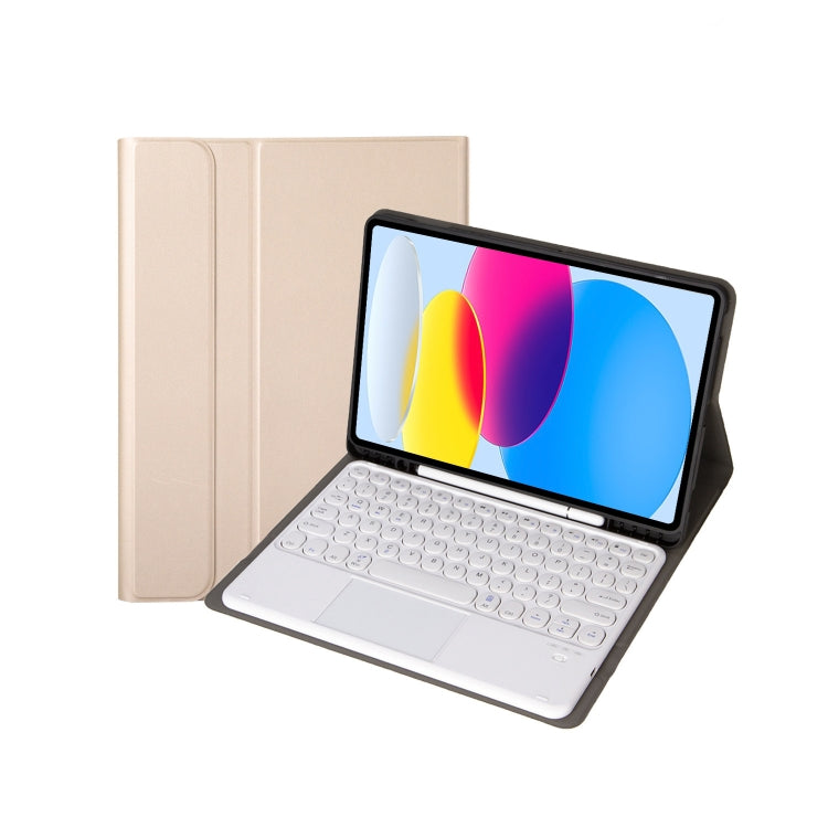 For iPad 10th Gen 10.9 2022 YA10B-A Lambskin Texture Bluetooth Touch Keyboard Leather Tablet Case with Pen Slot(Gold)