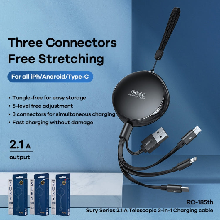 REMAX RC-185th 3 in 1 2.1A USB to 8 Pin + USB-C / Type-C + Micro USB Sury Series Telescopic Charging Data Cable(White)