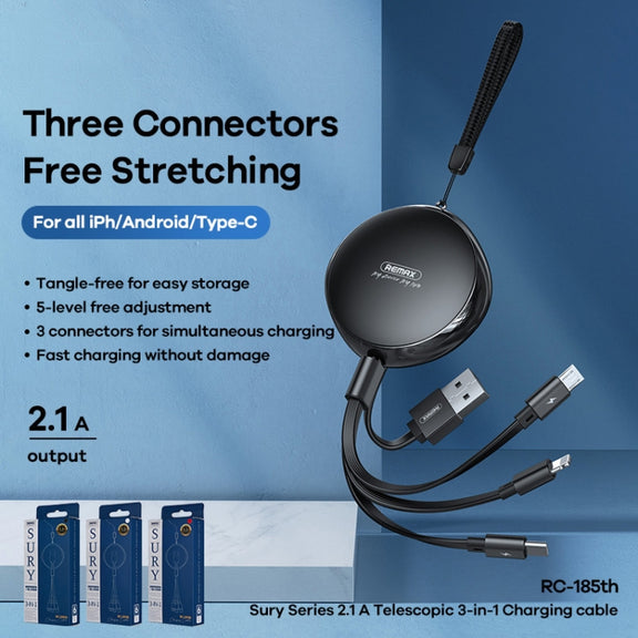 REMAX RC-185th 3 in 1 2.1A USB to 8 Pin + USB-C / Type-C + Micro USB Sury Series Telescopic Charging Data Cable(White)