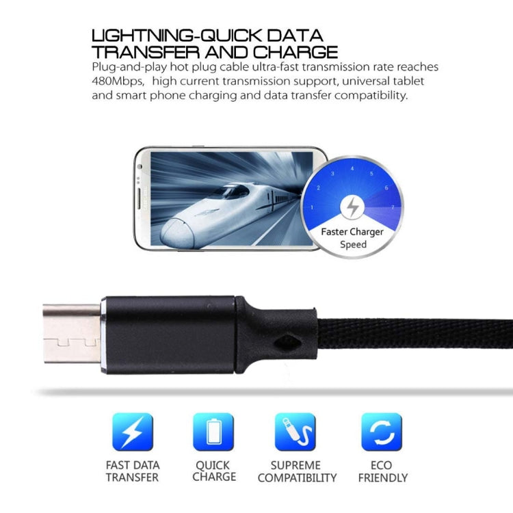 1m 2A Output USB to USB-C / Type-C Nylon Weave Style Data Sync Charging Cable(Black)