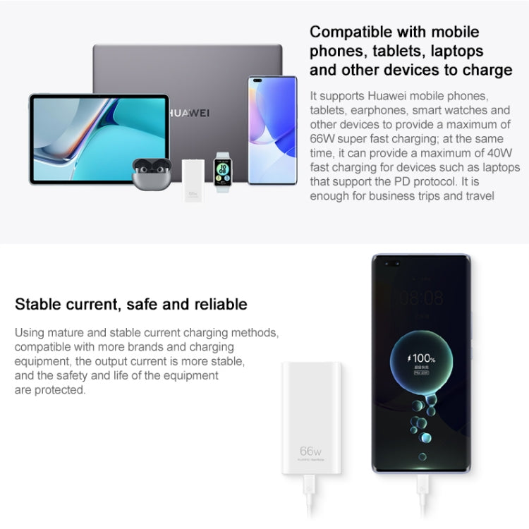 Original Huawei 66W GaN Ultra-thin Travel Charger Power Adapter with Type-C / USB-C Cable (White)