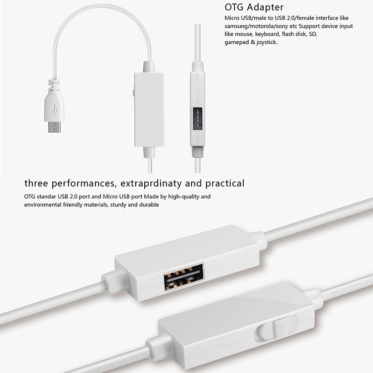 OTG-Y-03 USB 2.0 Male to Micro USB Male + USB Female OTG Charging Data Cable for Android Phones / Tablets with OTG Function, with Switch, Length: 1.1m(White)
