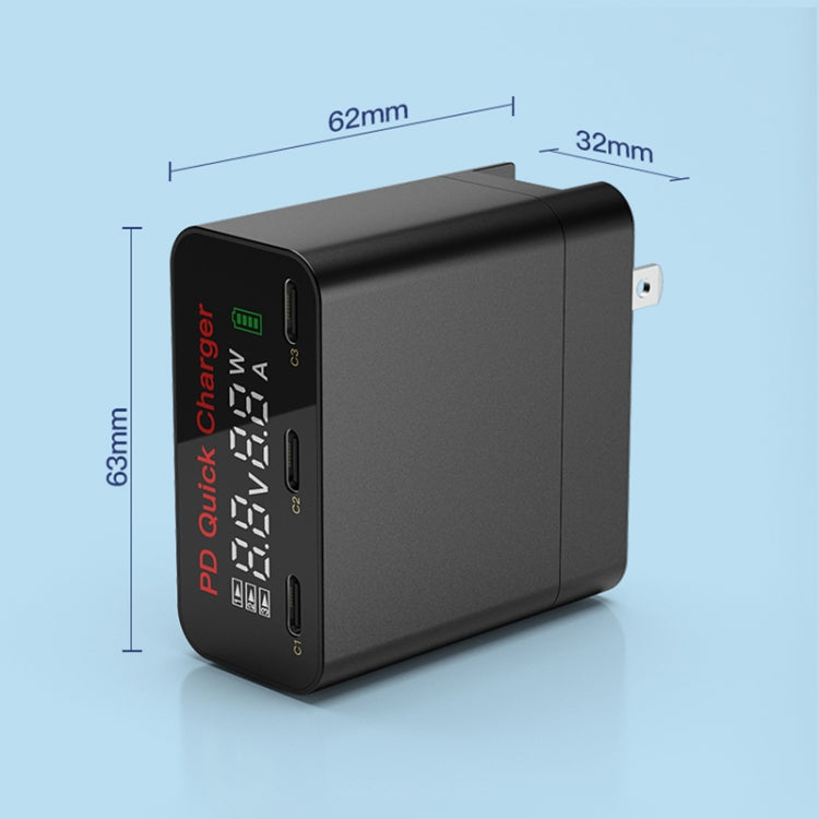 WLX-X8 65W Max 3 Ports USB-C / Type-C Quick Charger Adapter, US Plug (Black)