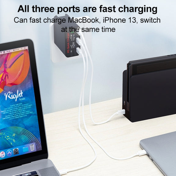 WLX-X8 65W Max 3 Ports USB-C / Type-C Quick Charger Adapter, US Plug (Black)