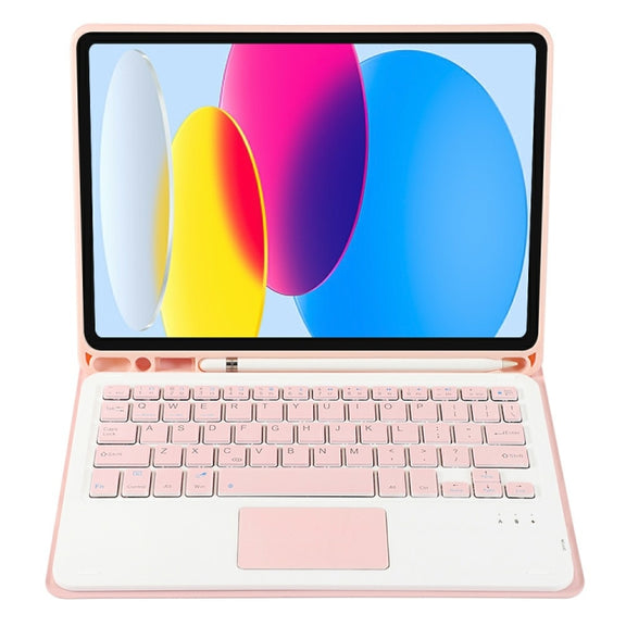 For iPad 10th Gen 10.9 2022 A10B-A Lambskin Texture Bluetooth Touch Keyboard Leather Tablet Case with Pen Slot (Pink)