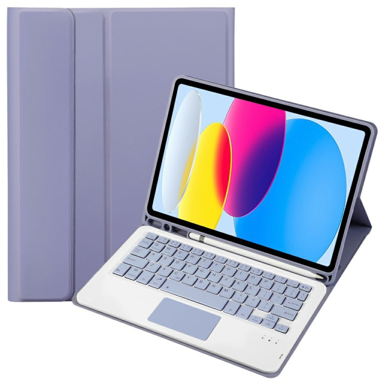For iPad 10th Gen 10.9 2022 A10B-A Lambskin Texture Bluetooth Touch Keyboard Leather Tablet Case with Pen Slot (Purple)