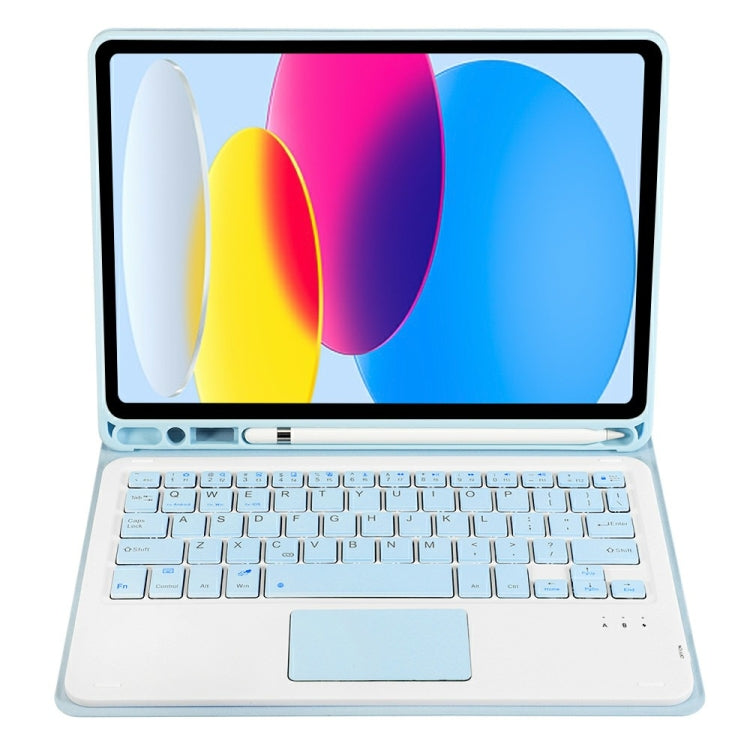 For iPad 10th Gen 10.9 2022 A10B-A Lambskin Texture Bluetooth Touch Keyboard Leather Tablet Case with Pen Slot (Baby Blue)