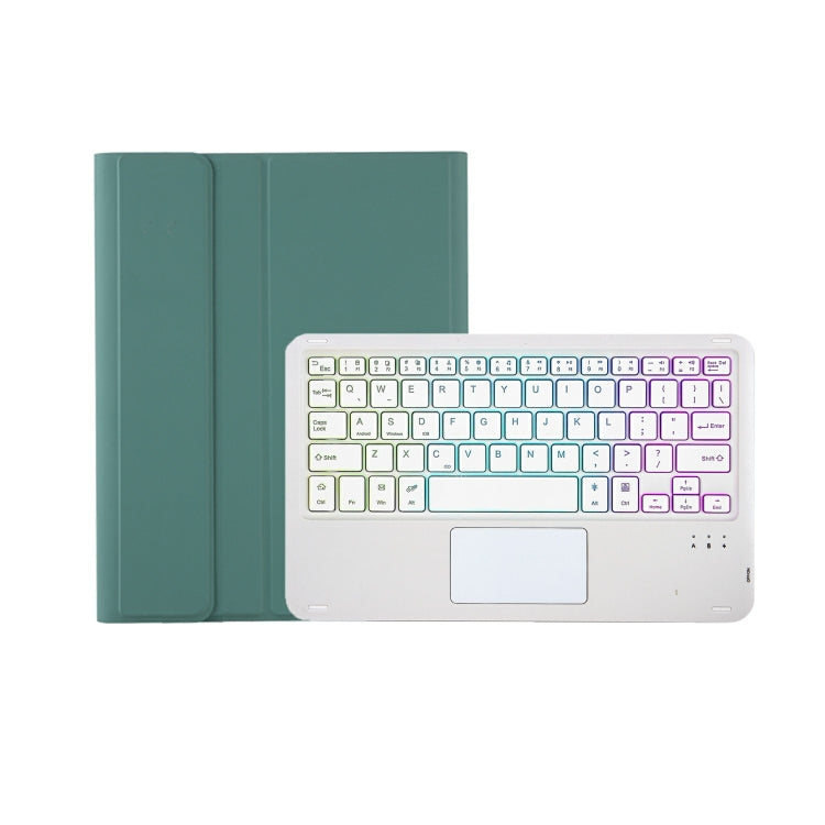 For iPad 10th Gen 10.9 2022 A10B-AS Lambskin Texture Backlight Bluetooth Touch Keyboard Leather Tablet Case with Pen Slot (Dark Green)