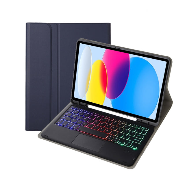 For iPad 11 2025 / 10th Gen 10.9 2022 A10B-AS Lambskin Texture Backlight Bluetooth Touch Keyboard Leather Tablet Case with Pen Slot(Dark Blue)