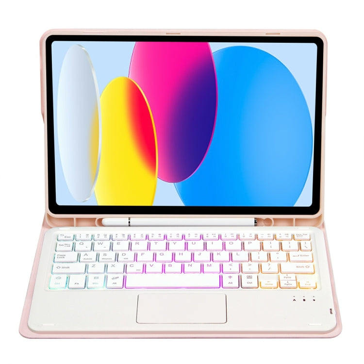 For iPad 11 2025 / 10th Gen 10.9 2022 A10B-AS Lambskin Texture Backlight Bluetooth Touch Keyboard Leather Tablet Case with Pen Slot (Pink)