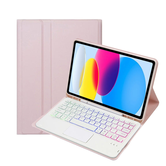 For iPad 11 2025 / 10th Gen 10.9 2022 A10B-AS Lambskin Texture Backlight Bluetooth Touch Keyboard Leather Tablet Case with Pen Slot (Pink)