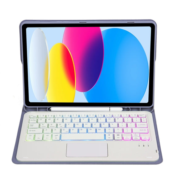 For iPad 10th Gen 10.9 2022 A10B-AS Lambskin Texture Backlight Bluetooth Touch Keyboard Leather Tablet Case with Pen Slot (Purple)