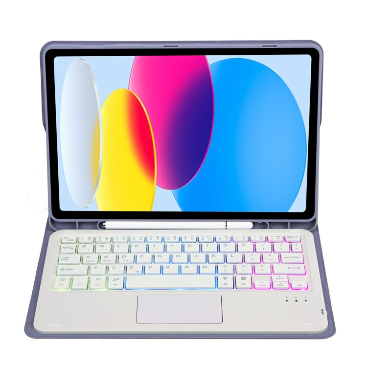 For iPad 10th Gen 10.9 2022 A10B-AS Lambskin Texture Backlight Bluetooth Touch Keyboard Leather Tablet Case with Pen Slot (Purple)