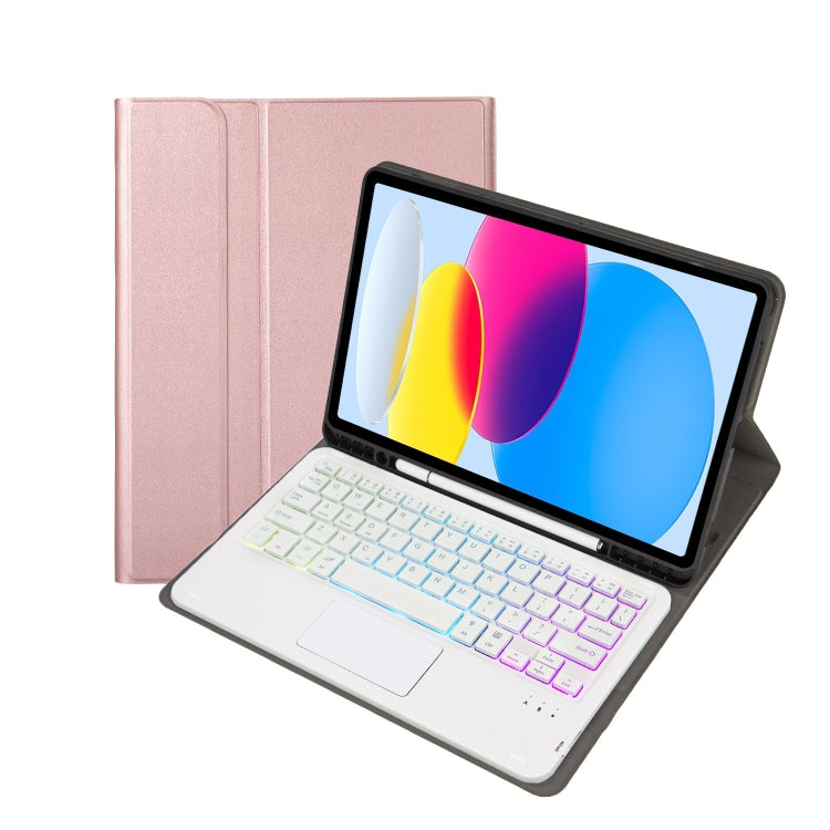 For iPad 11 2025 / 10th Gen 10.9 2022 A10B-AS Lambskin Texture Backlight Bluetooth Touch Keyboard Leather Tablet Case with Pen Slot(Rose Gold)