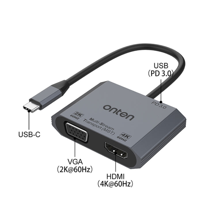 Onten M205 3 in 1 Type-C to HDMI+VGA+PD Fast Charge Video Converter (Grey)