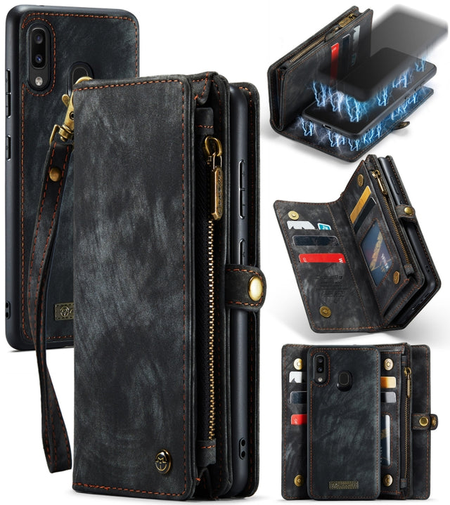 CaseMe-008 Detachable Multifunctional Retro Frosted Horizontal Flip Leather Case for Galaxy A20 / M10S, with Card Slot & Holder & Zipper Wallet & Photo Frame(Black)