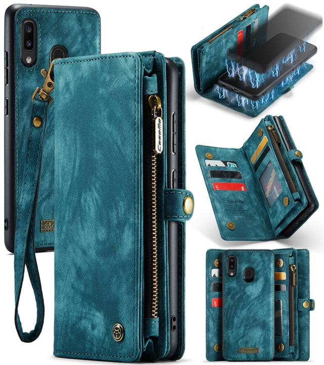 CaseMe-008 Detachable Multifunctional Retro Frosted Horizontal Flip Leather Case for Galaxy A20 / M10S, with Card Slot & Holder & Zipper Wallet & Photo Frame(Blue)