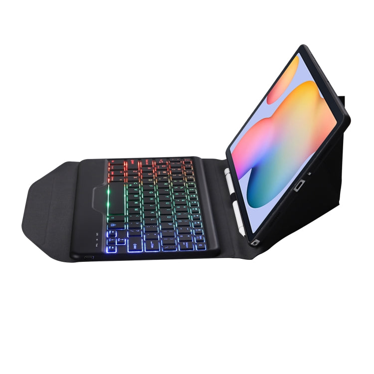 B610S Diamond Texture Triangle Back Holder Splittable Bluetooth Keyboard Leather Tablet Case with Backlight for Samsung Galaxy Tab S6 Lite (Black Black)