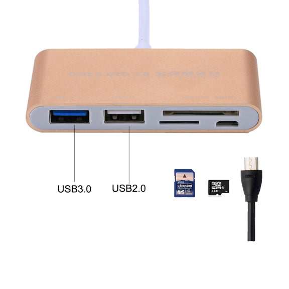 5 in 1 Micro SD + SD + USB 3.0 + USB 2.0 + Micro USB Port to USB-C / Type-C OTG COMBO Adapter Card Reader for Tablet, Smartphone, PC(Gold)