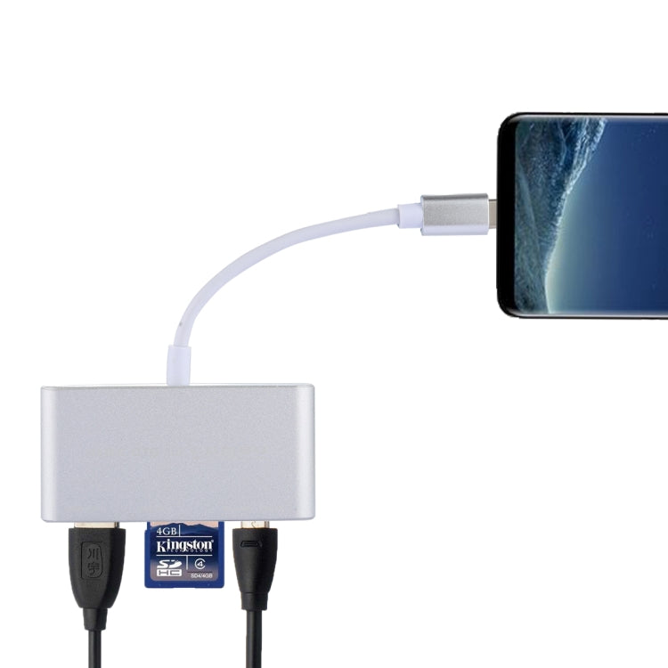 5 in 1 Micro SD + SD + USB 3.0 + USB 2.0 + Micro USB Port to USB-C / Type-C OTG COMBO Adapter Card Reader for Tablet, Smartphone, PC(Silver)