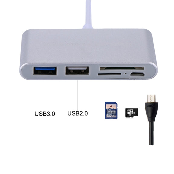 5 in 1 Micro SD + SD + USB 3.0 + USB 2.0 + Micro USB Port to USB-C / Type-C OTG COMBO Adapter Card Reader for Tablet, Smartphone, PC(Silver)