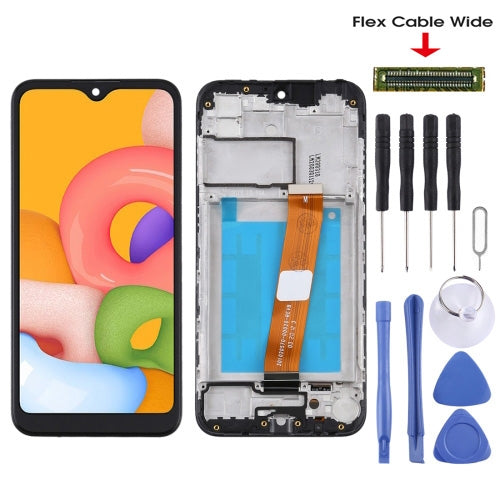 For Samsung Galaxy A01 SM-A015M OEM LCD Screen (Flex Cable Wide) Digitizer Full Assembly with Frame (Black)