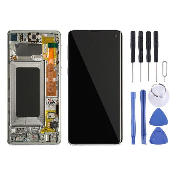 Original Super AMOLED LCD Screen for Galaxy S10 4G Digitizer Full Assembly with Frame (White)