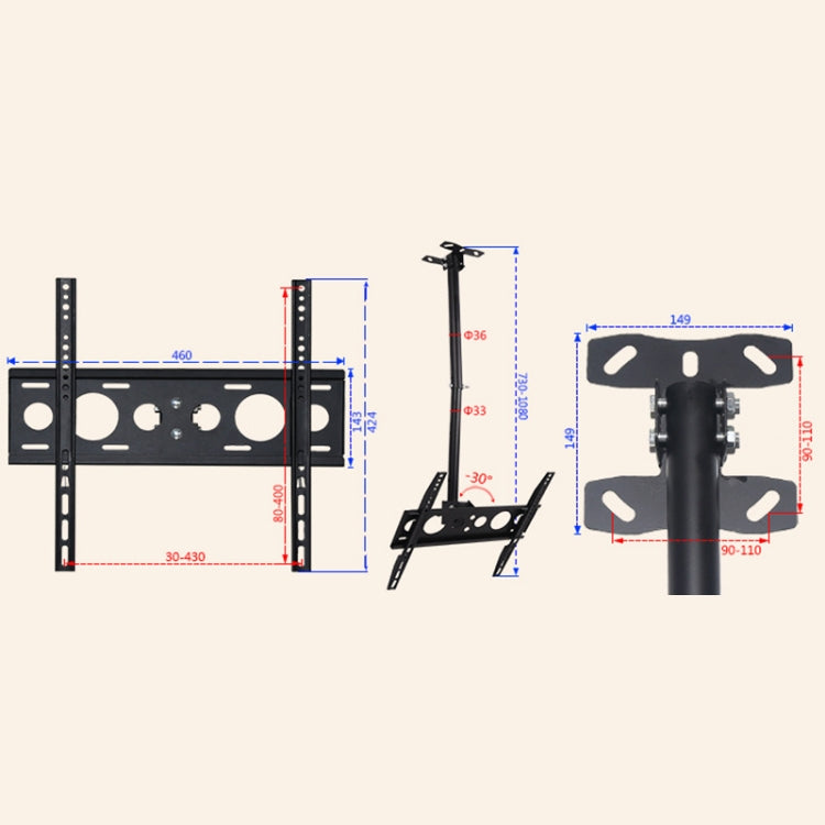 26-60 inch Universal Height & Angle Adjustable Single Screen TV Wall-mounted Ceiling Dual-use Bracket, Retractable Range: 0.5-1m
